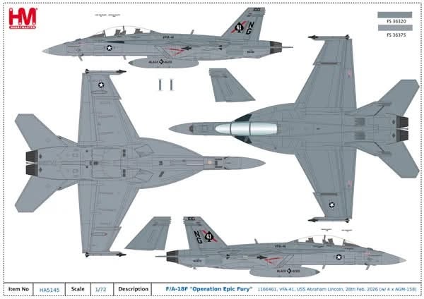 美國海軍 VFA-41 Black Aces F/A-18F戰機2026史詩怒火行動HA5145